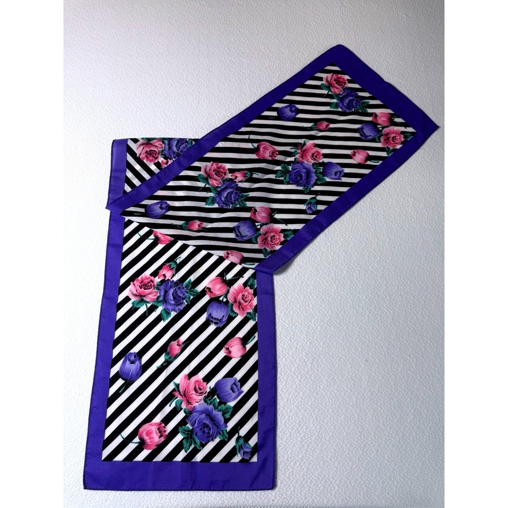 Vintage Floral Striped Scarf 11.5x54" Purple Pink Black White Long Neck Wrap